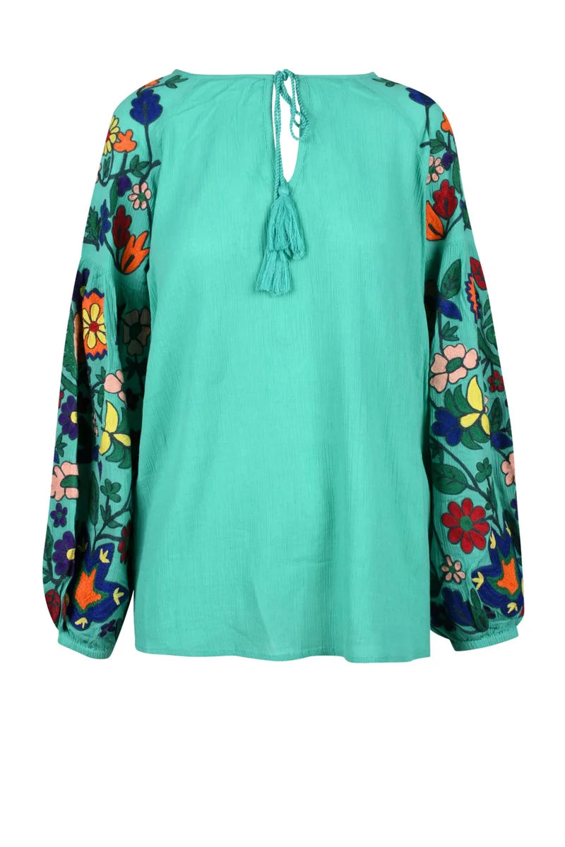 Douuod Blusa Cotone Maniche Palloncino - Verde Acqua