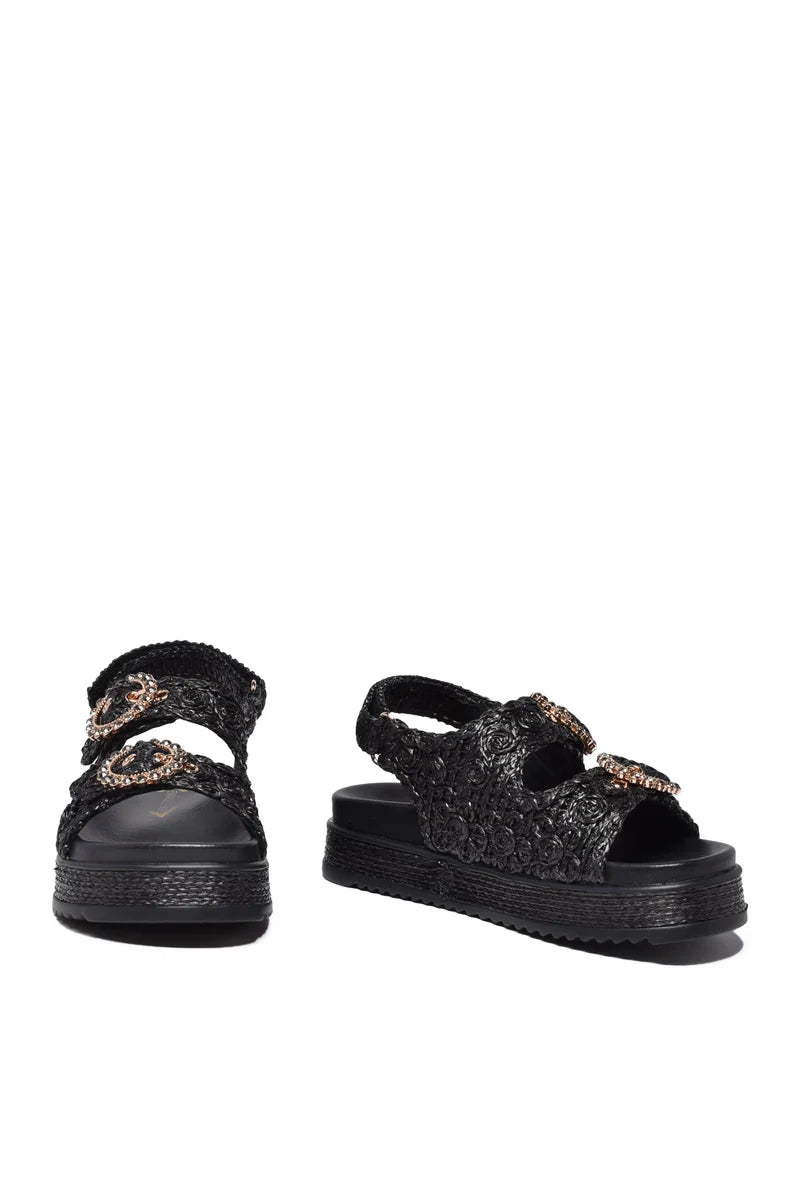 Emanuelle Vee Sandalo Zeppa Rafia - Nero