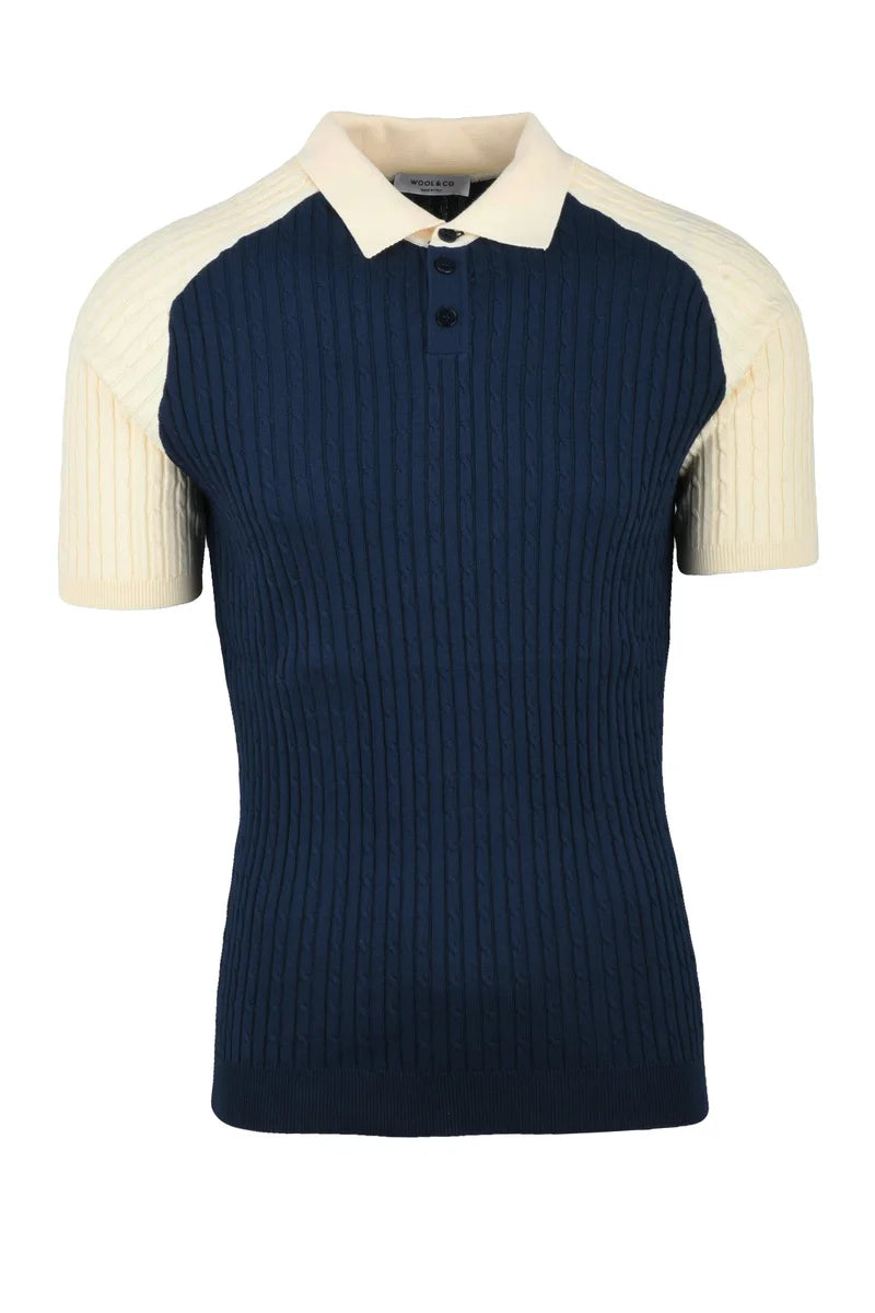 Wool & Co Knitted Polo Shirt - Cream/Blue