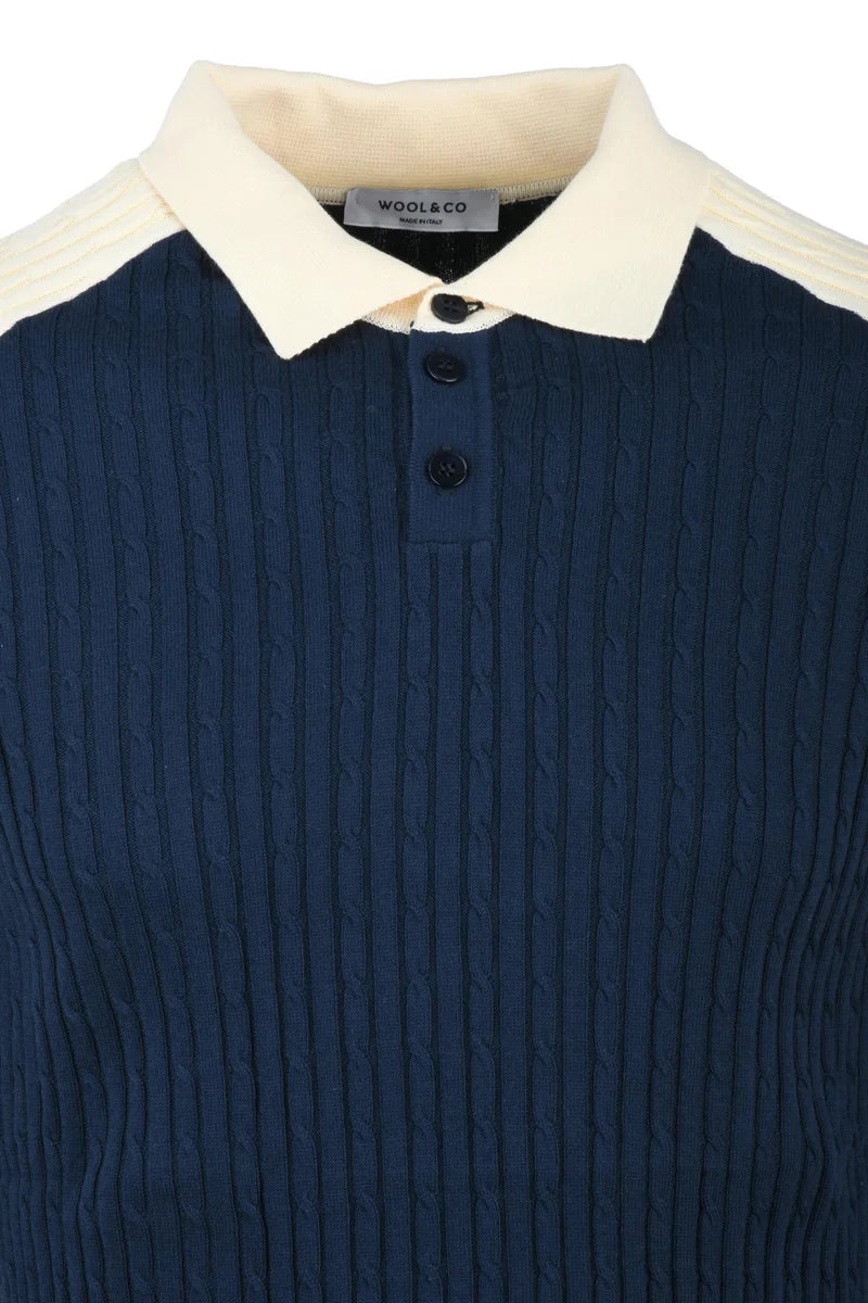 Wool & Co Knitted Polo Shirt - Cream/Blue