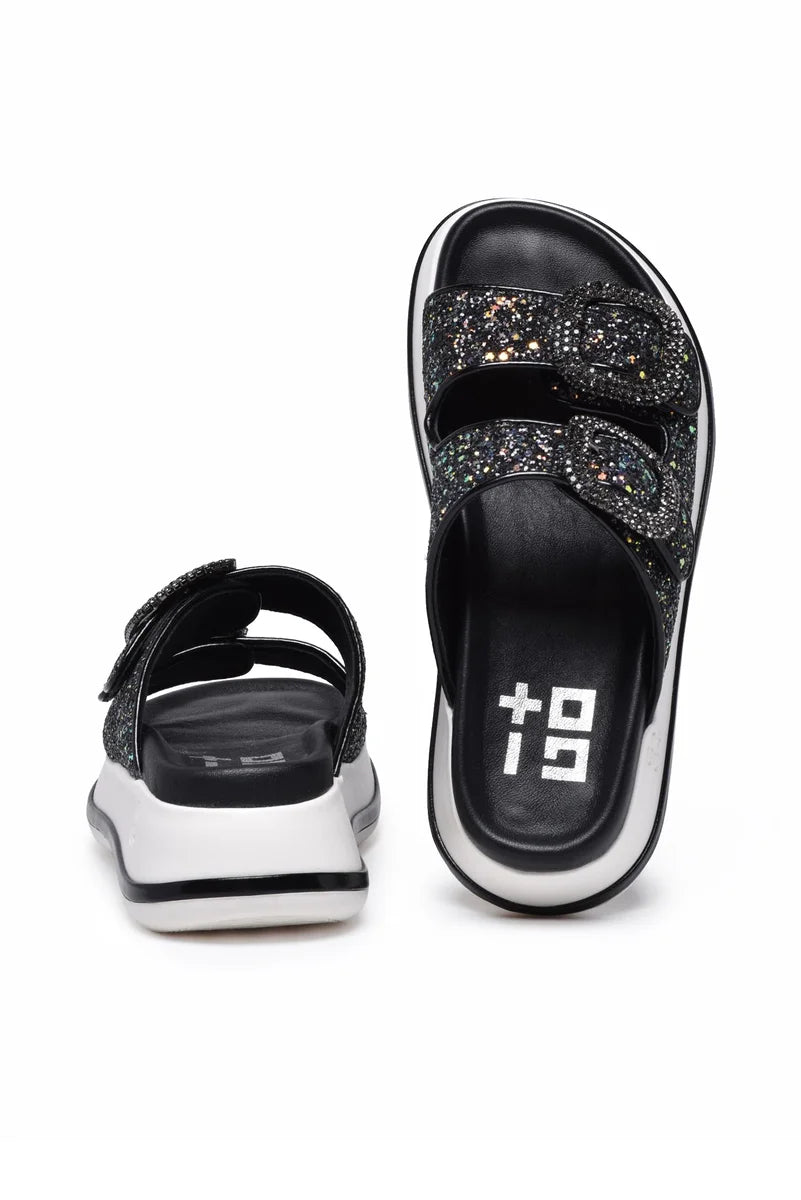 Gio + Sandalo Zeppa Glitter - Nero