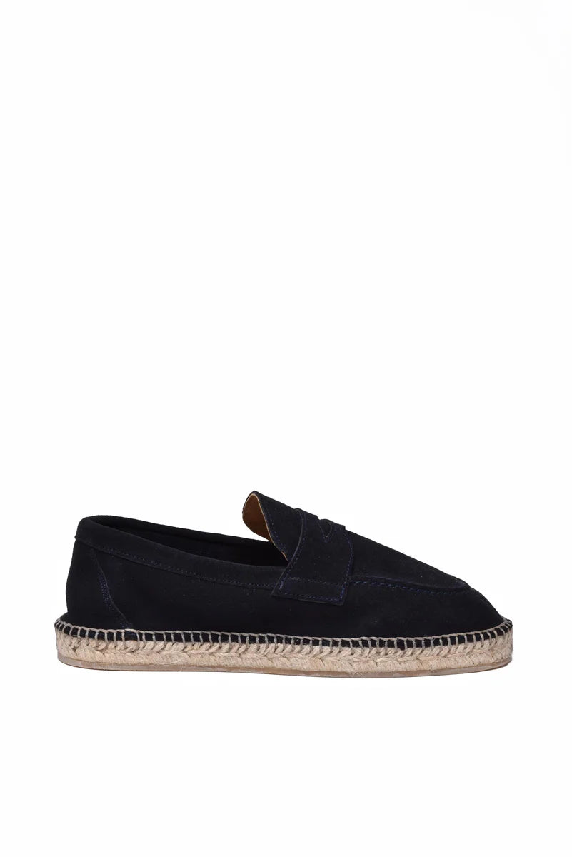 Eleventy Suede Loafer with Rope Heel - Blue
