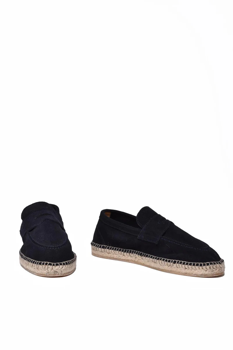 Eleventy Suede Loafer with Rope Heel - Blue
