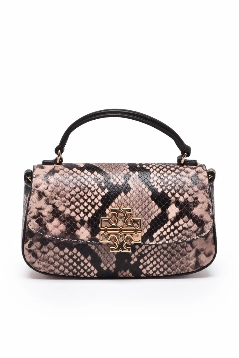 Tory Burch Britten Snake Embossed Mini Borsa a Mano - Marrone/Beige