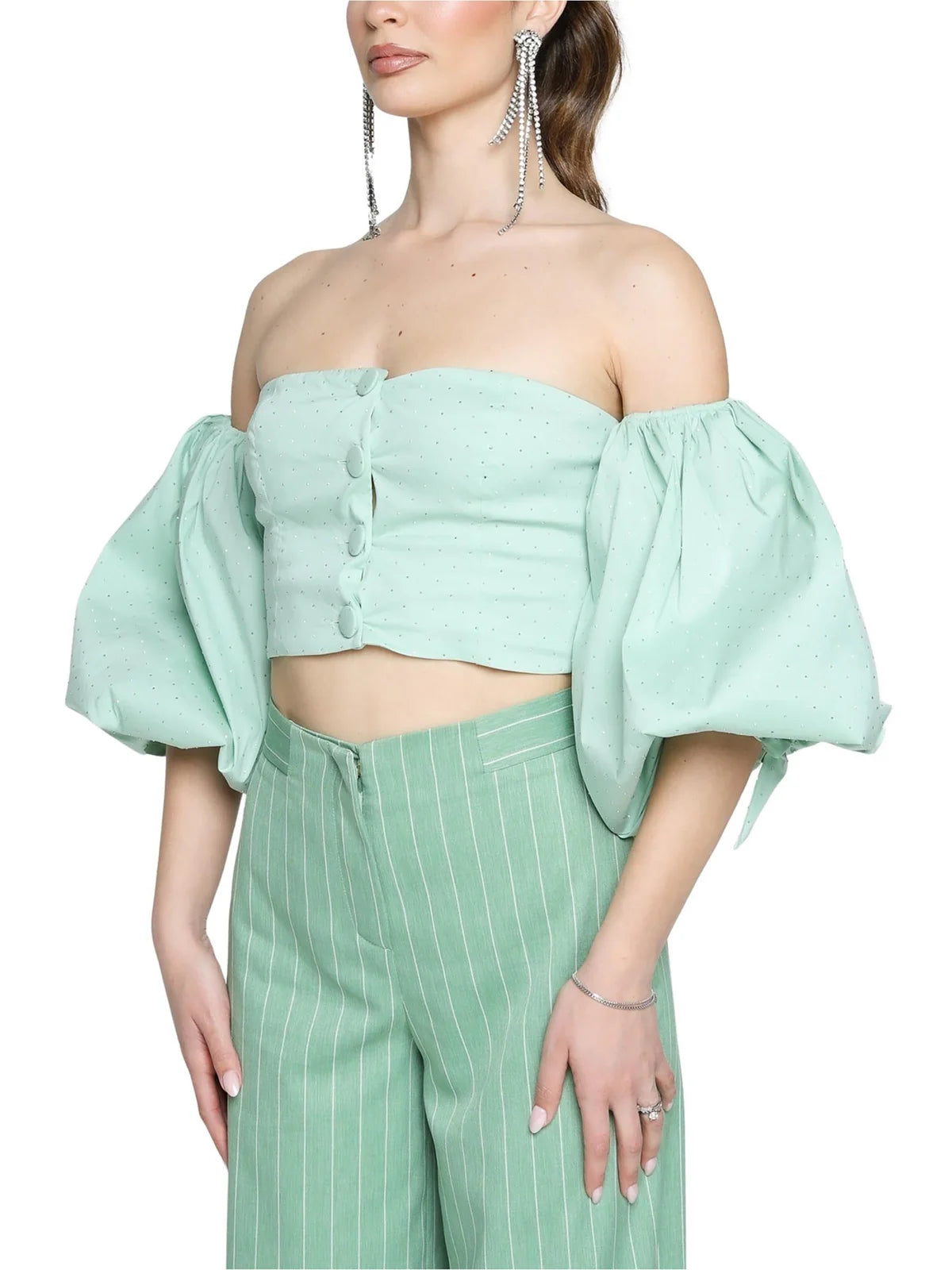 Santas* Puff Sleeve Diamante Top - Green