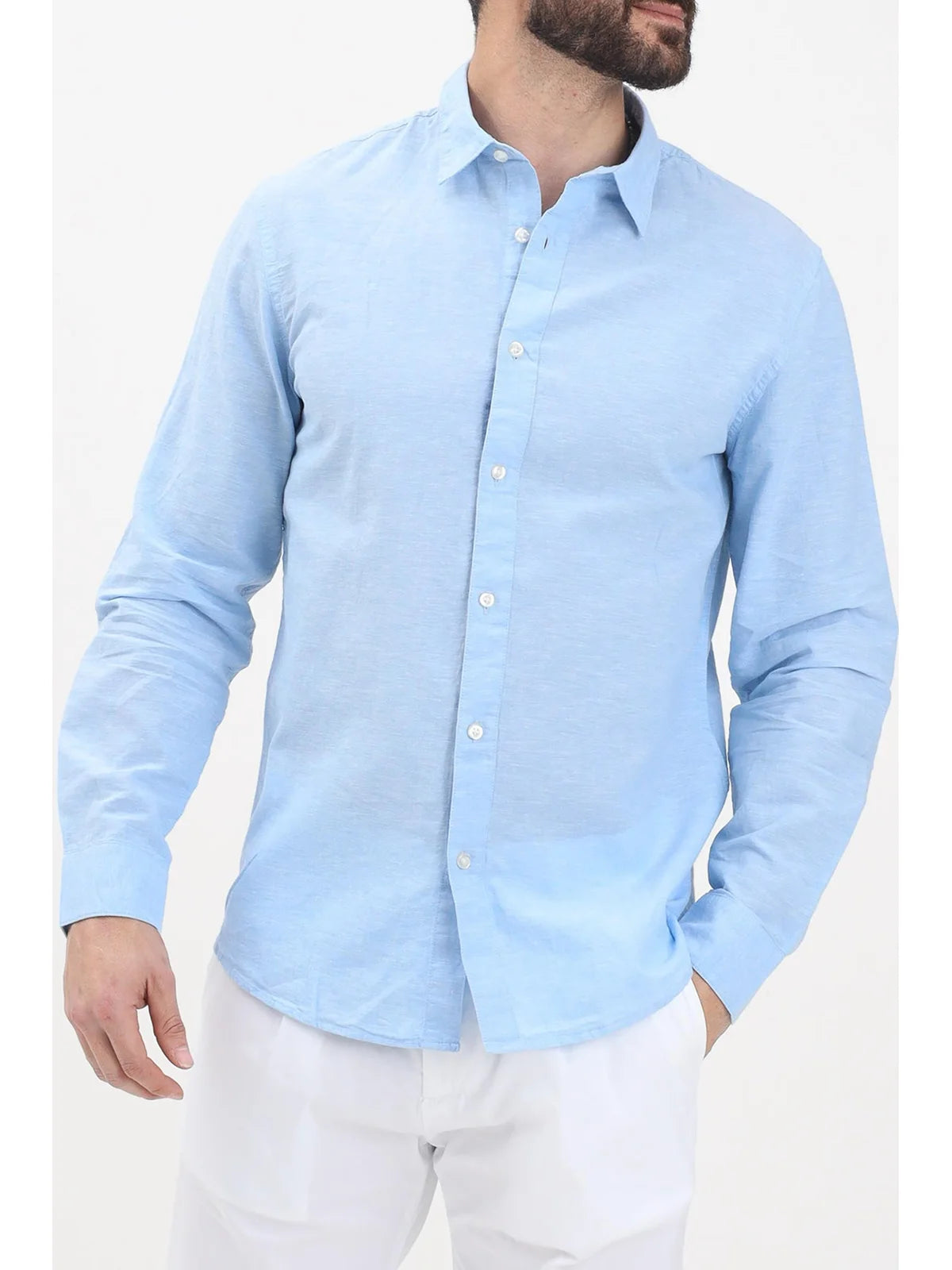 Selected Camicia Cotone Lino Carta - Celeste
