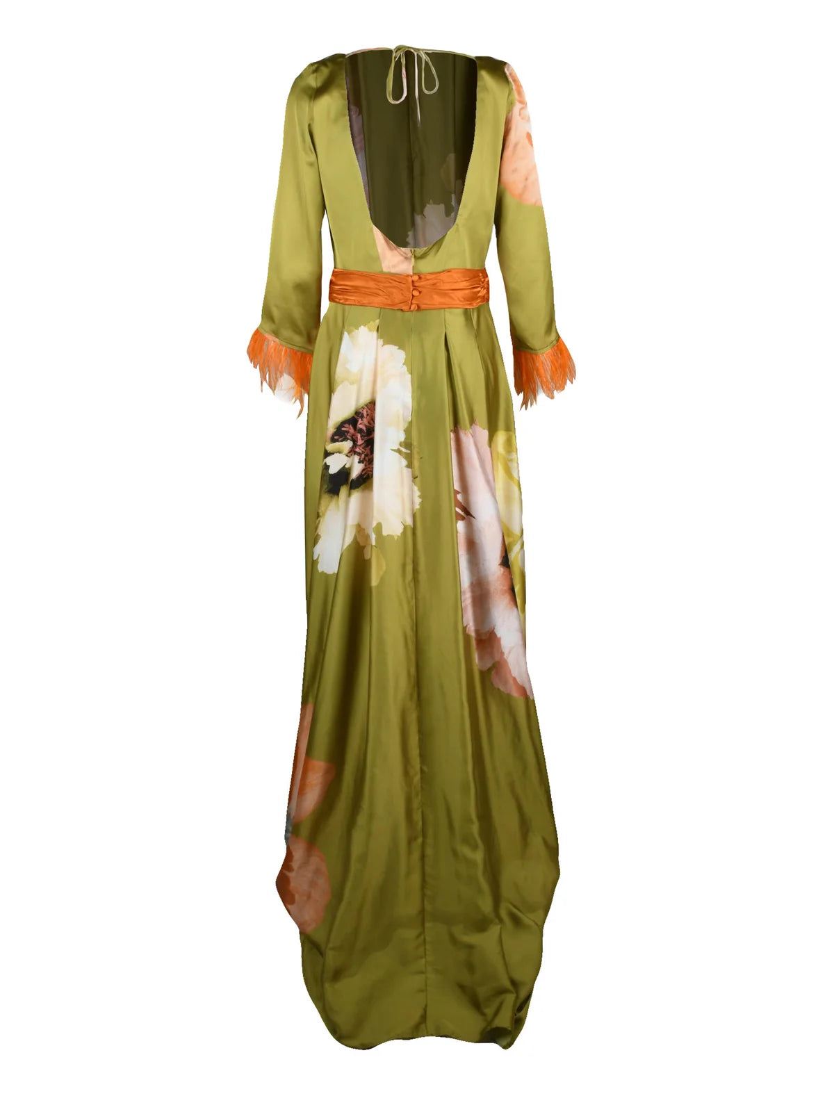 Mischalis Abito Lungo con Piume - Verde Oliva