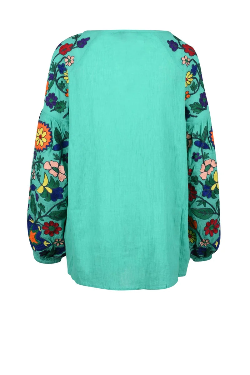 Douuod Blusa Cotone Maniche Palloncino - Verde Acqua