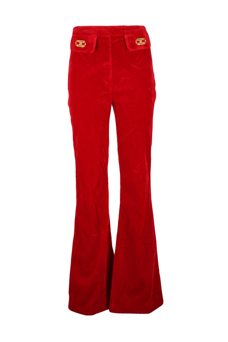 Elisabetta Franchi Pantalone Svasato Velluto - Rosso