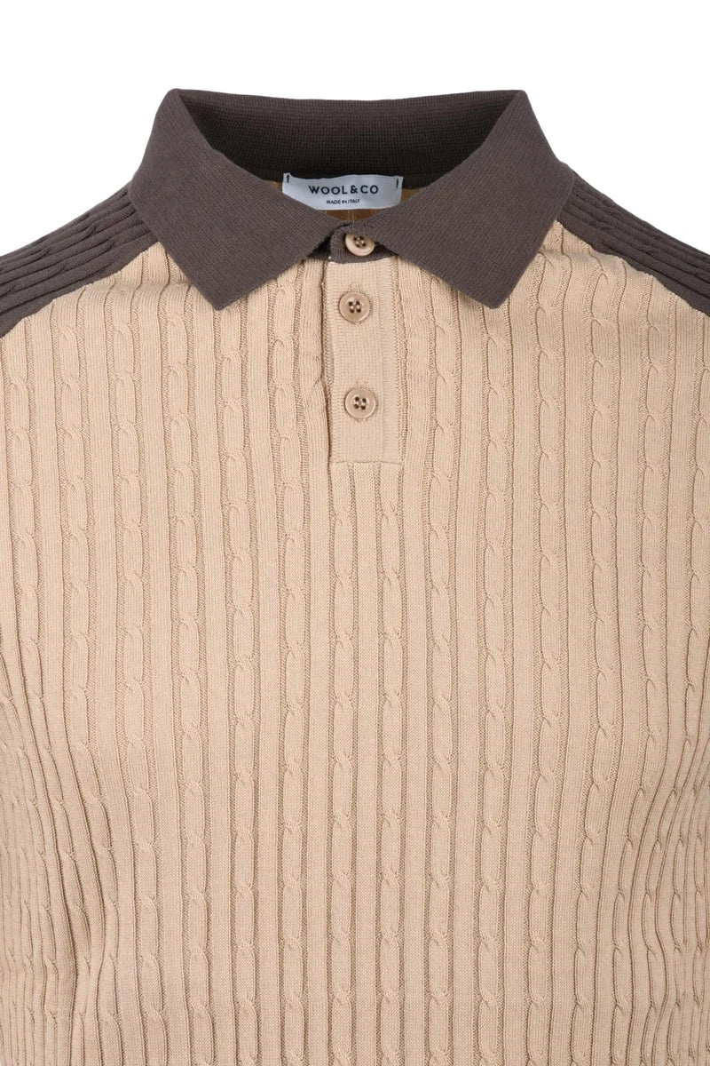 Wool & Co Knitted Polo Shirt - Cream/Blue