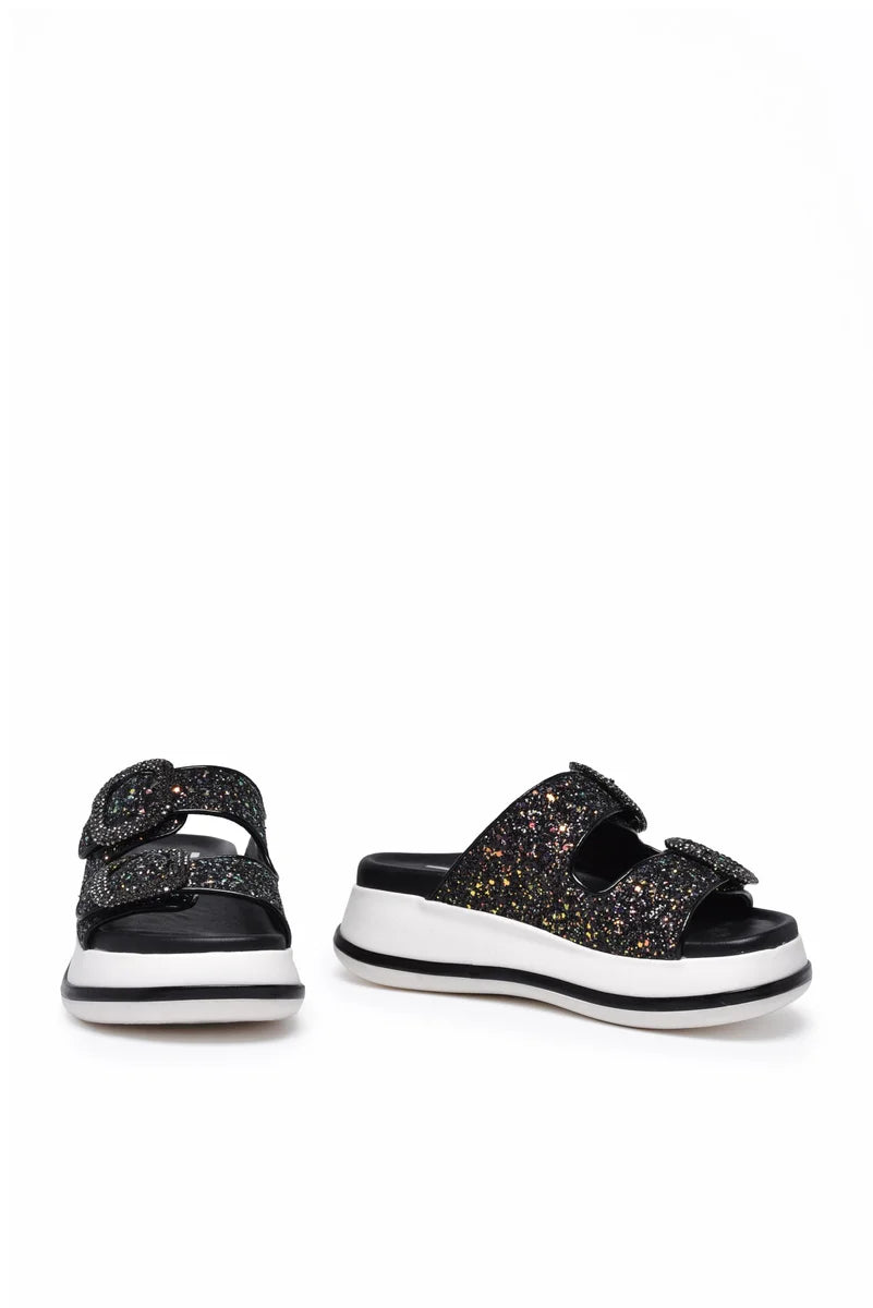 Gio + Sandalo Zeppa Glitter - Nero