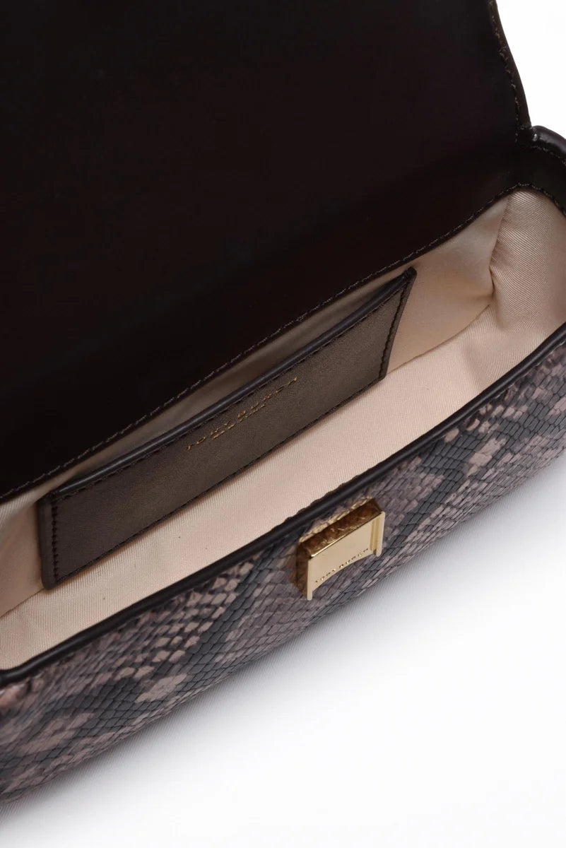 Tory Burch Britten Snake Embossed Mini Borsa a Mano - Marrone/Beige