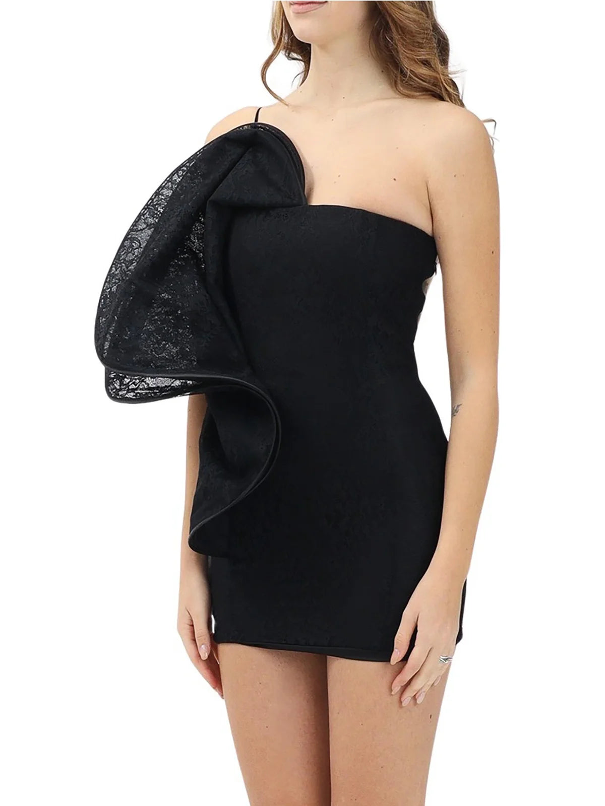 Simona Corsellini Mini Abito Pizzo Monospalla - Nero