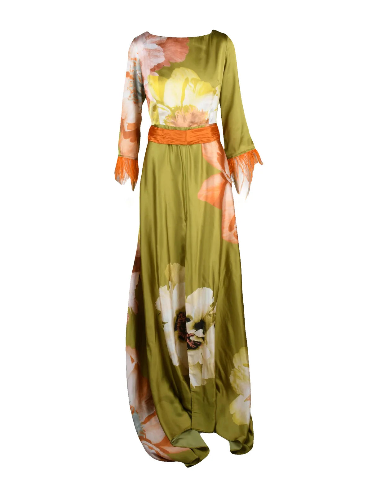 Mischalis Abito Lungo con Piume - Verde Oliva