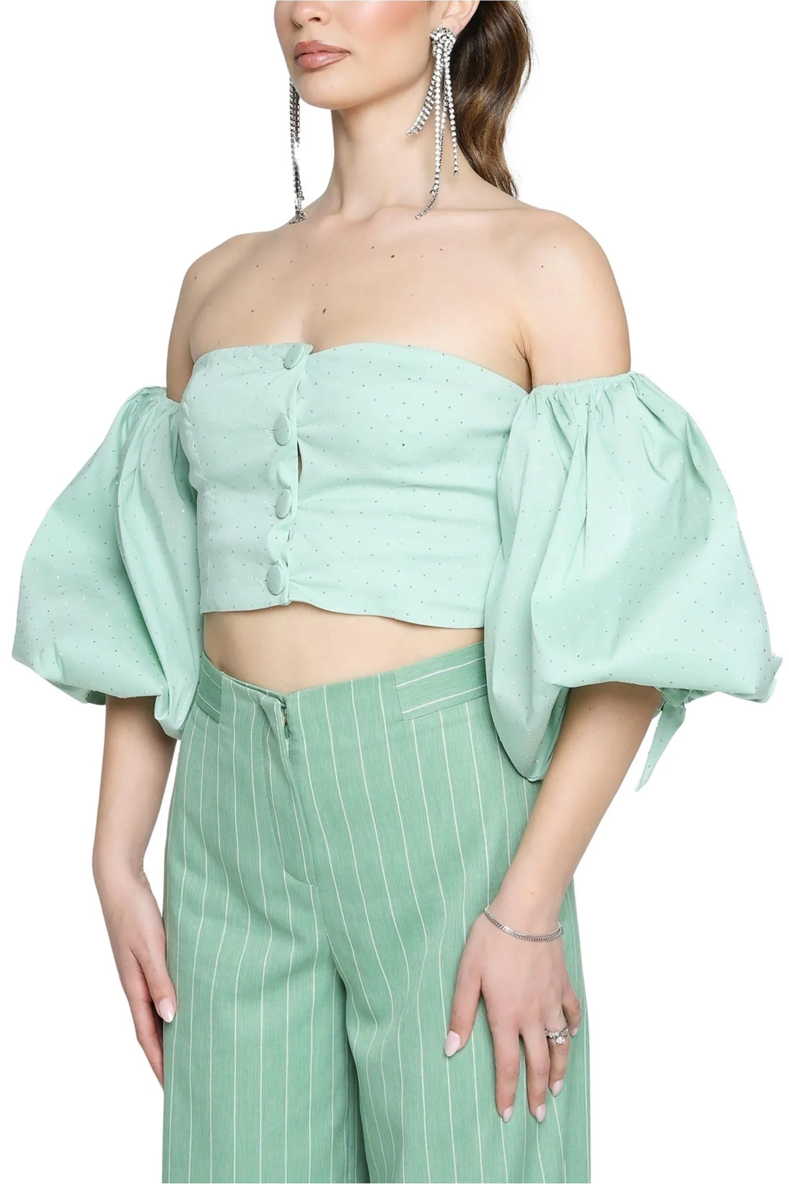 Top con Strass a Sbuffo Verde